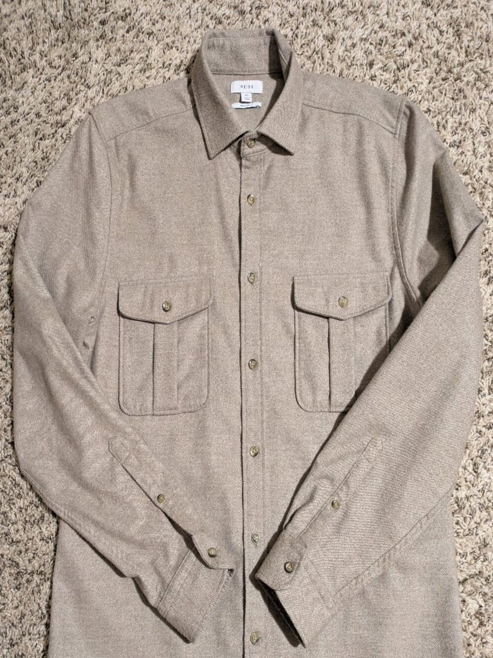 REISS Chase Men's XL Oatmeal Brushed Twin Pocket Overshirt/Shacket Regular Fit